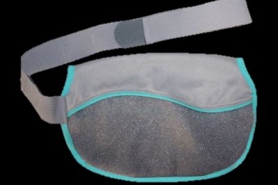 Grey and teal ice-pack pouch with a strap, on a black background.